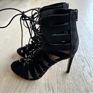 Aldo Strappy Black Lace Up Suede Stiletto Heels